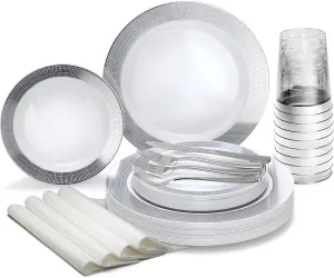 " OCCASIONS " 320pcs set (40 Guests)-Heavyweight Wedding Party Disposable Plastic Plate Set -40 x 10.5''   40 x7.5'' Silverware Cups linen like paper Napkins (Linen White & Silver)