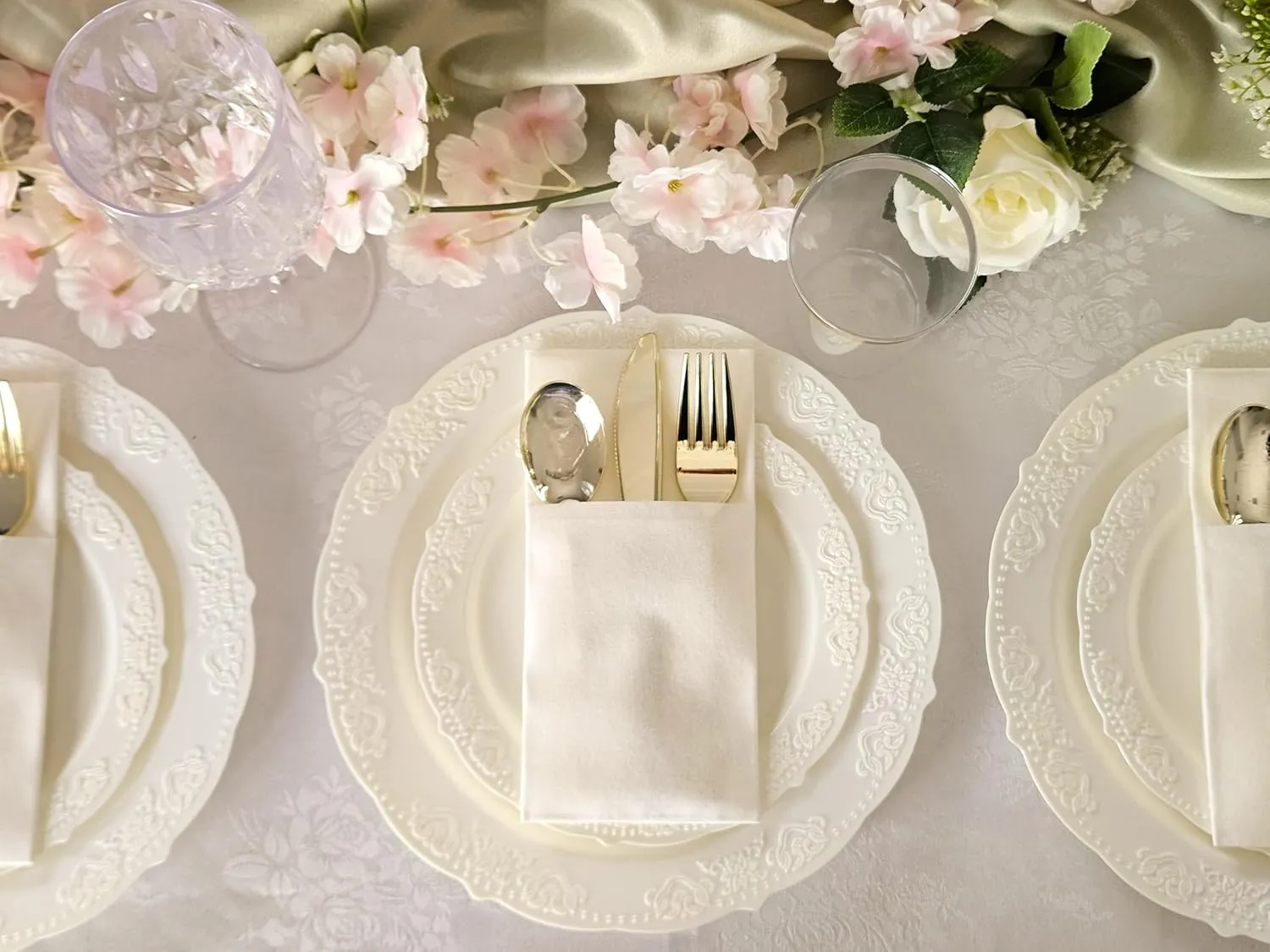 " OCCASIONS " 50 Plates Pack (25 Guests) Vintage Wedding Party Disposable Plastic Plate Set -25x10.25'' Dinner  25x7.5'' Salad/Dessert plates (Portofino Plain Ivory)
