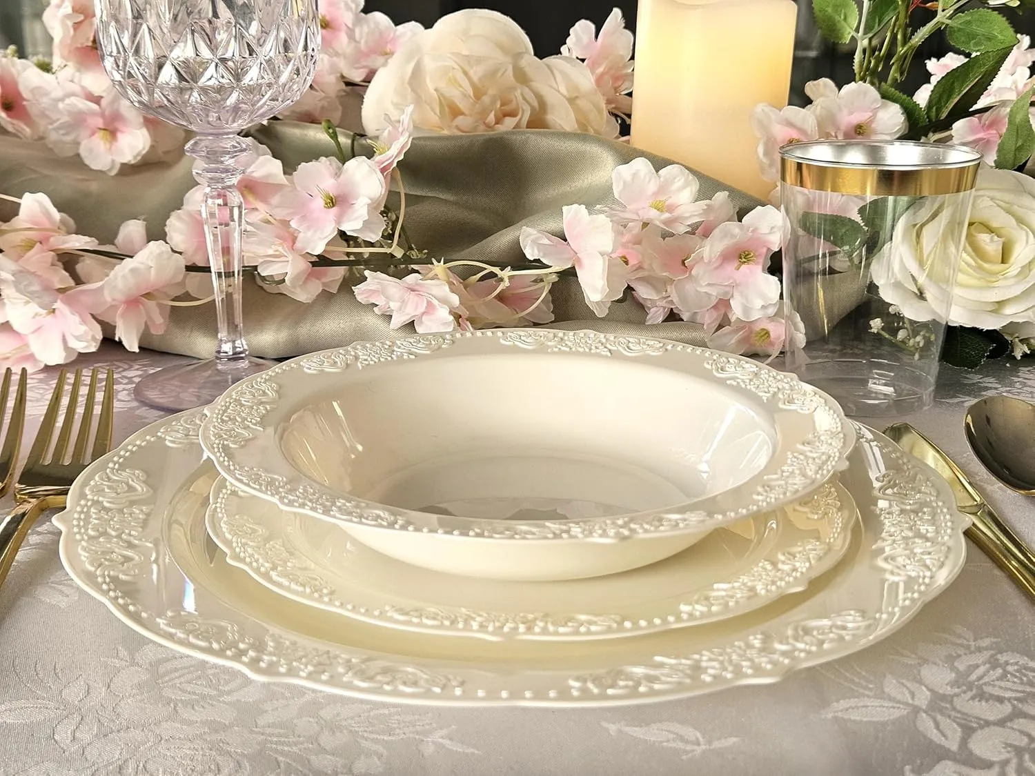 " OCCASIONS " 50 Plates Pack (25 Guests) Vintage Wedding Party Disposable Plastic Plate Set -25x10.25'' Dinner  25x7.5'' Salad/Dessert plates (Portofino Plain Ivory)