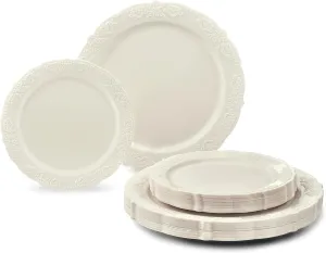 " OCCASIONS " 50 Plates Pack (25 Guests) Vintage Wedding Party Disposable Plastic Plate Set -25x10.25'' Dinner  25x7.5'' Salad/Dessert plates (Portofino Plain Ivory)
