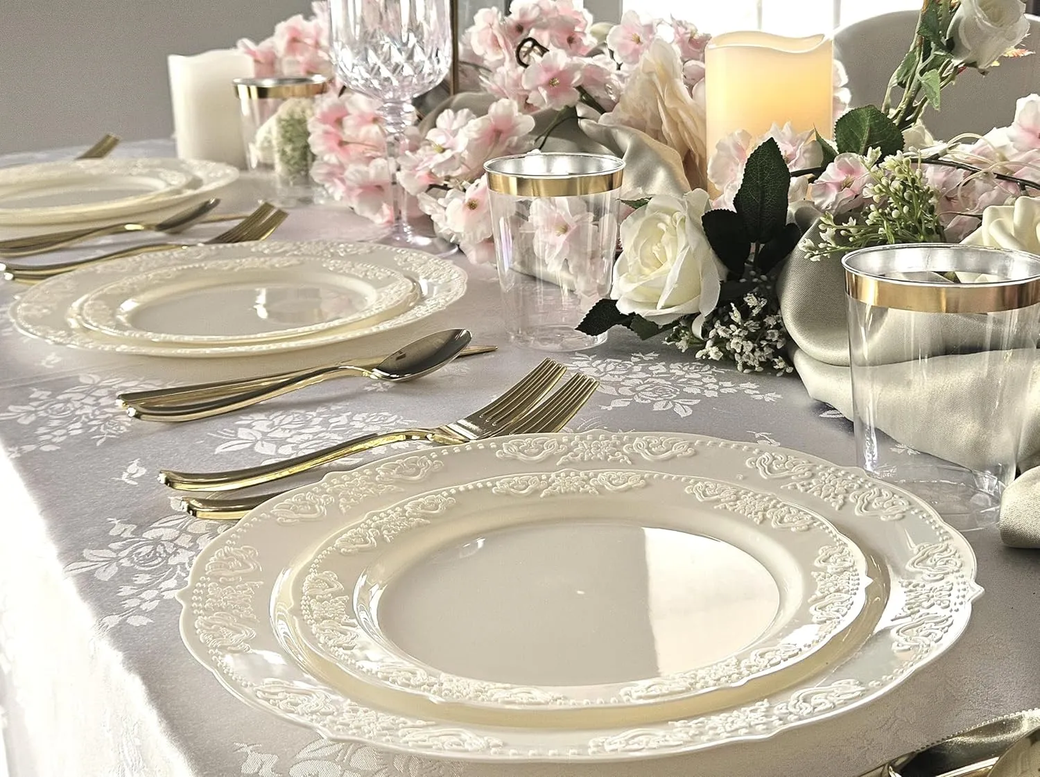 " OCCASIONS " 50 Plates Pack (25 Guests) Vintage Wedding Party Disposable Plastic Plate Set -25x10.25'' Dinner  25x7.5'' Salad/Dessert plates (Portofino Plain Ivory)
