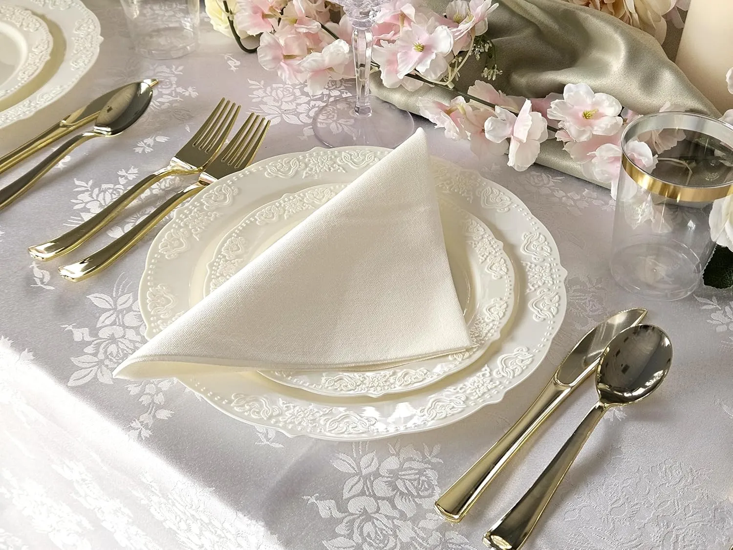 " OCCASIONS " 50 Plates Pack (25 Guests) Vintage Wedding Party Disposable Plastic Plate Set -25x10.25'' Dinner  25x7.5'' Salad/Dessert plates (Portofino Plain Ivory)