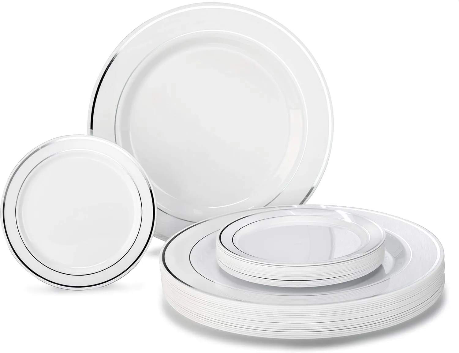 " OCCASIONS " 50 Plates Pack, Heavyweight Premium Disposable Plastic Plates Set (25 x 10.5'' Dinner   25 x 6.25'' Cake plates) (White & Silver Rim)