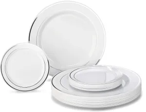 " OCCASIONS " 50 Plates Pack, Heavyweight Premium Disposable Plastic Plates Set (25 x 10.5'' Dinner   25 x 6.25'' Cake plates) (White & Silver Rim)