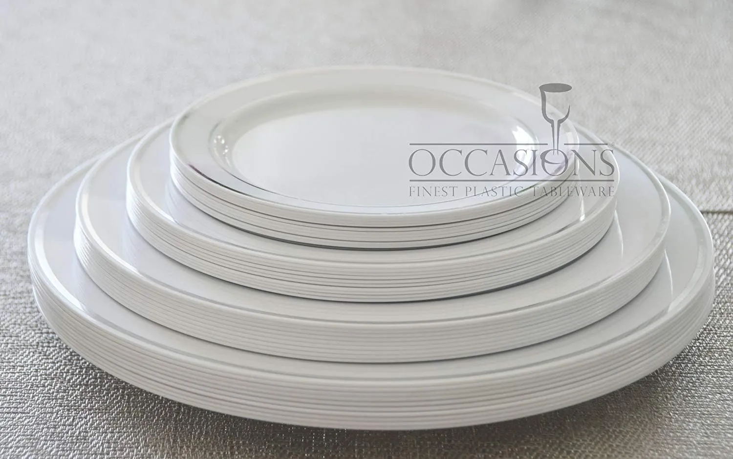 " OCCASIONS " 50 Plates Pack, Heavyweight Premium Disposable Plastic Plates Set (25 x 10.5'' Dinner   25 x 6.25'' Cake plates) (White & Silver Rim)