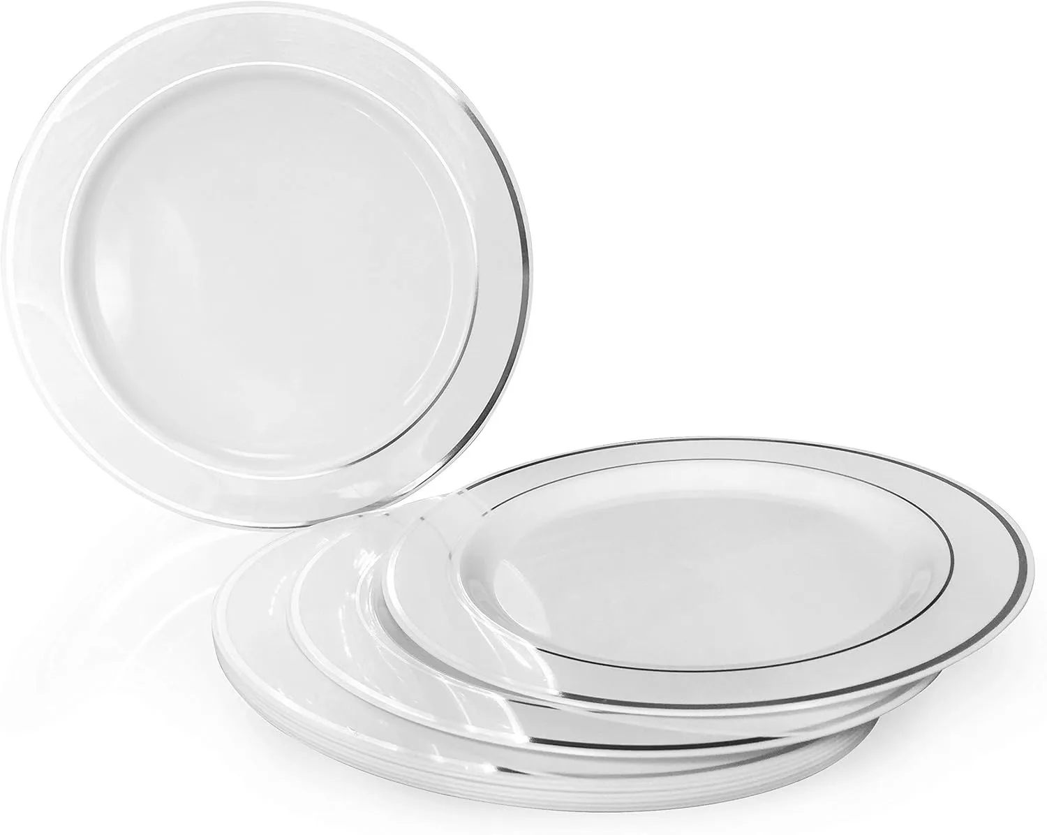 " OCCASIONS " 50 Plates Pack, Heavyweight Premium Disposable Plastic Plates Set (25 x 10.5'' Dinner   25 x 6.25'' Cake plates) (White & Silver Rim)