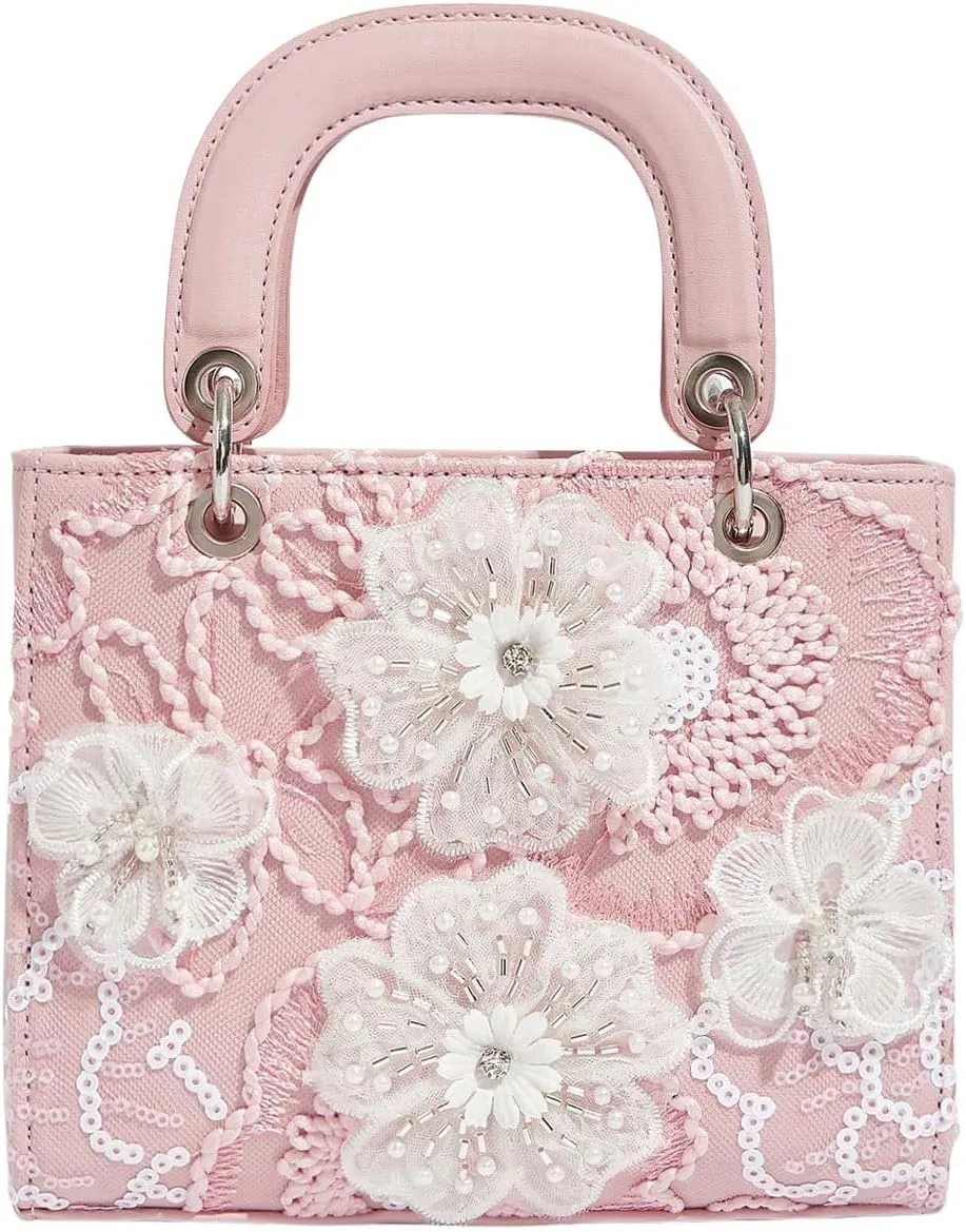 QWINEE Women's Floral Clutch Purse Pearl Elegant Evening Bag Top Handle Square Bag Tote Bag