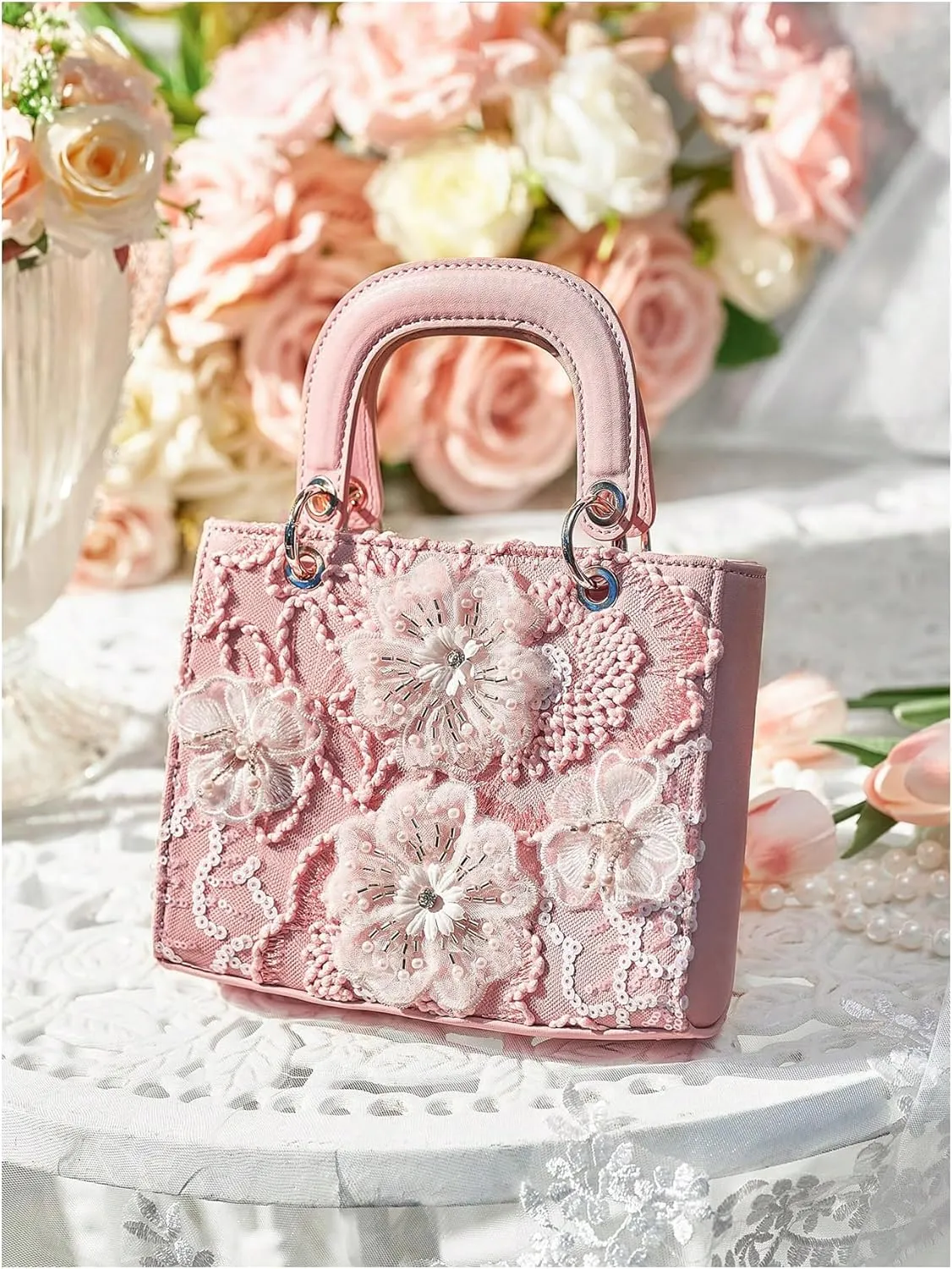 QWINEE Women's Floral Clutch Purse Pearl Elegant Evening Bag Top Handle Square Bag Tote Bag