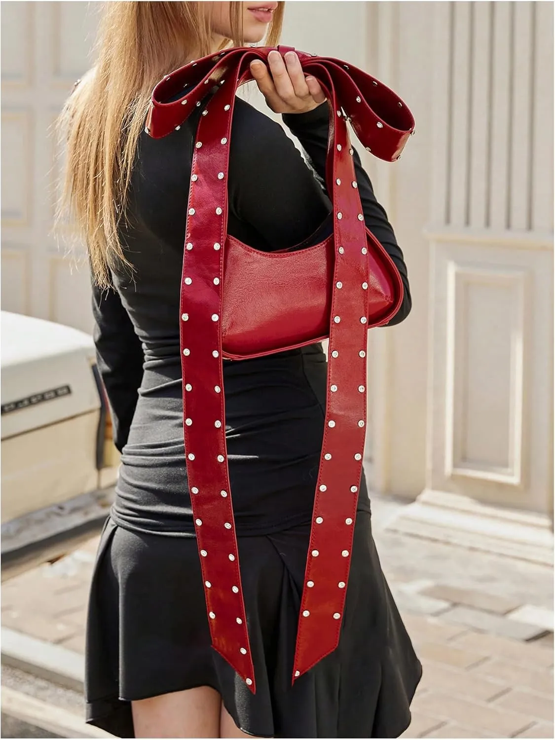 QWINEE Women's Retro Rivet Shoulder Bag Punk Underarm Bags Studded PU Leather Handbags with Bow Strap
