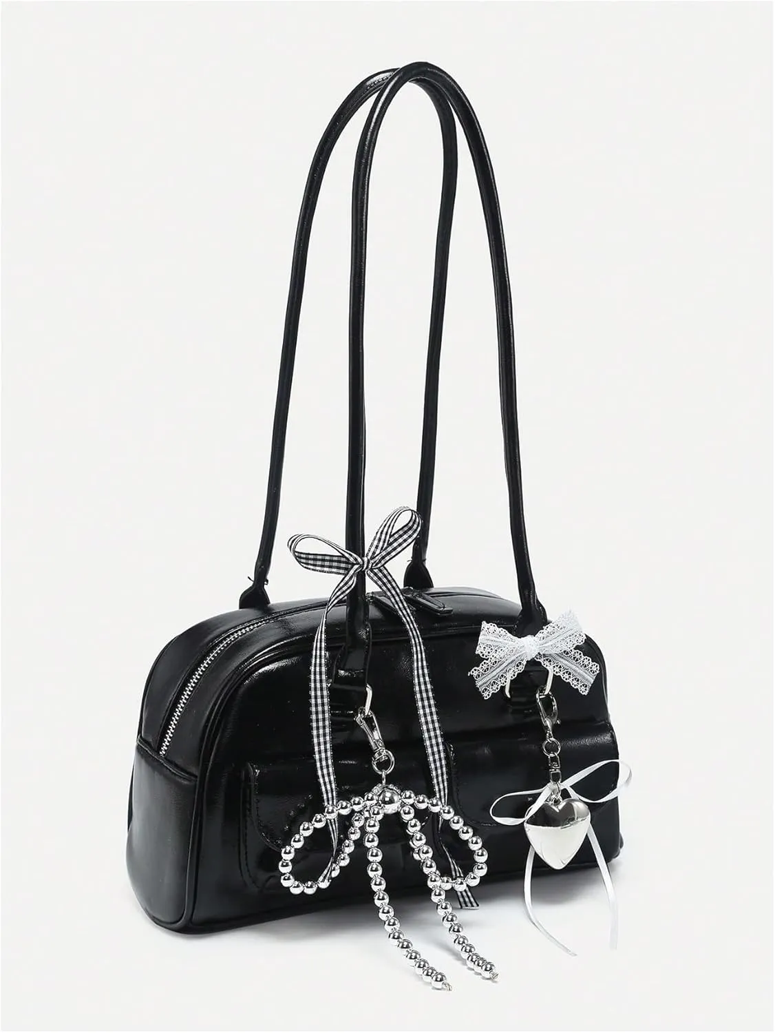 QWINEE Women's Y2K Bow Knot Shoulder Bag Zipper Double Handle Handbag PU Leather Underarm Purses