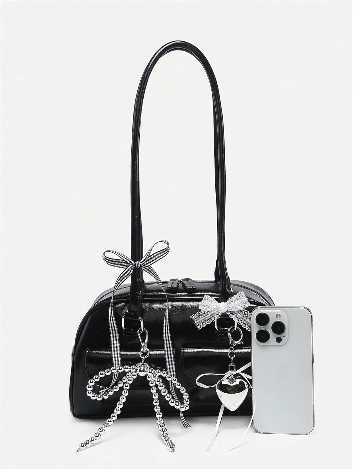 QWINEE Women's Y2K Bow Knot Shoulder Bag Zipper Double Handle Handbag PU Leather Underarm Purses