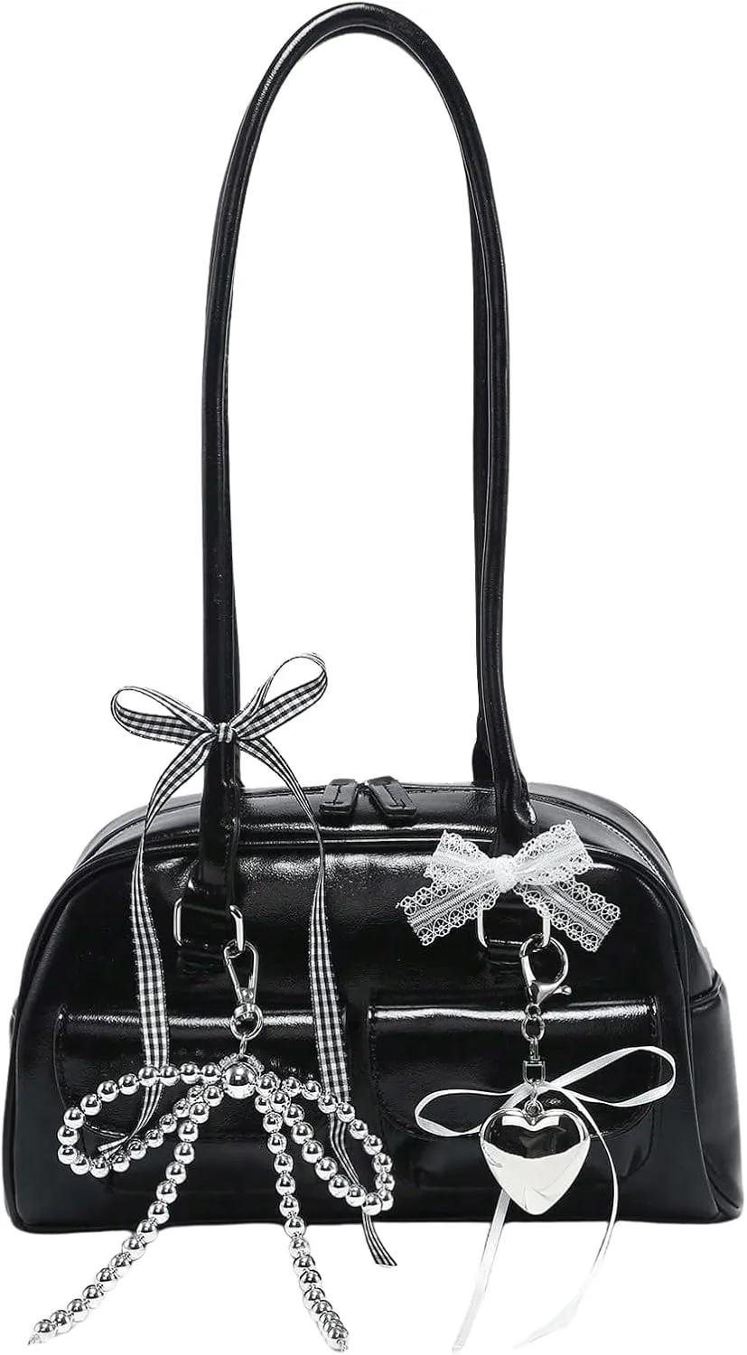 QWINEE Women's Y2K Bow Knot Shoulder Bag Zipper Double Handle Handbag PU Leather Underarm Purses