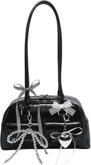 QWINEE Women's Y2K Bow Knot Shoulder Bag Zipper Double Handle Handbag PU Leather Underarm Purses