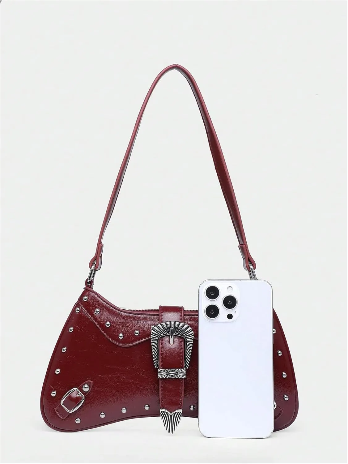 QWINEE Women's Y2k Studded Purse Punk Shoulder Bag Flap Buckle Leather Bag Hobo Purses with Buckle