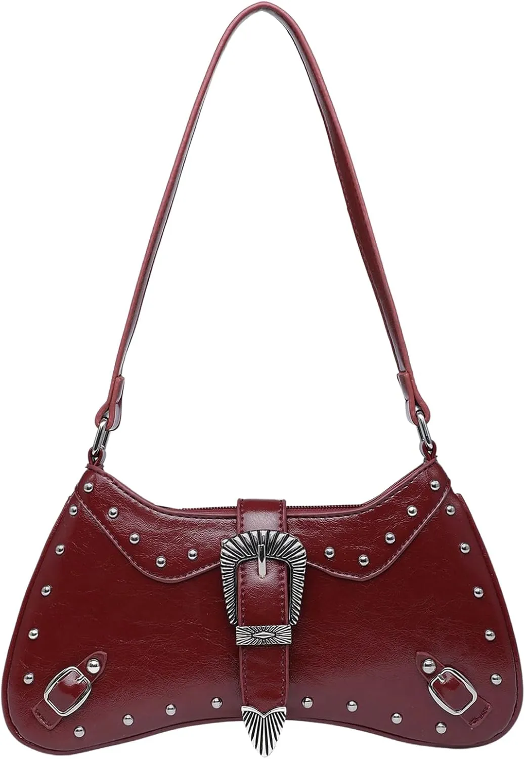QWINEE Women's Y2k Studded Purse Punk Shoulder Bag Flap Buckle Leather Bag Hobo Purses with Buckle
