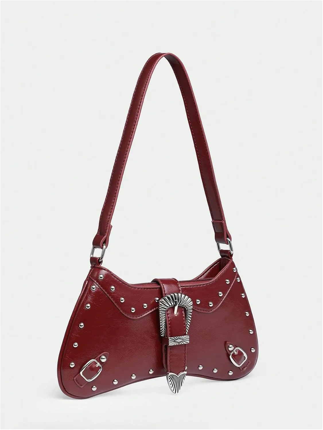 QWINEE Women's Y2k Studded Purse Punk Shoulder Bag Flap Buckle Leather Bag Hobo Purses with Buckle