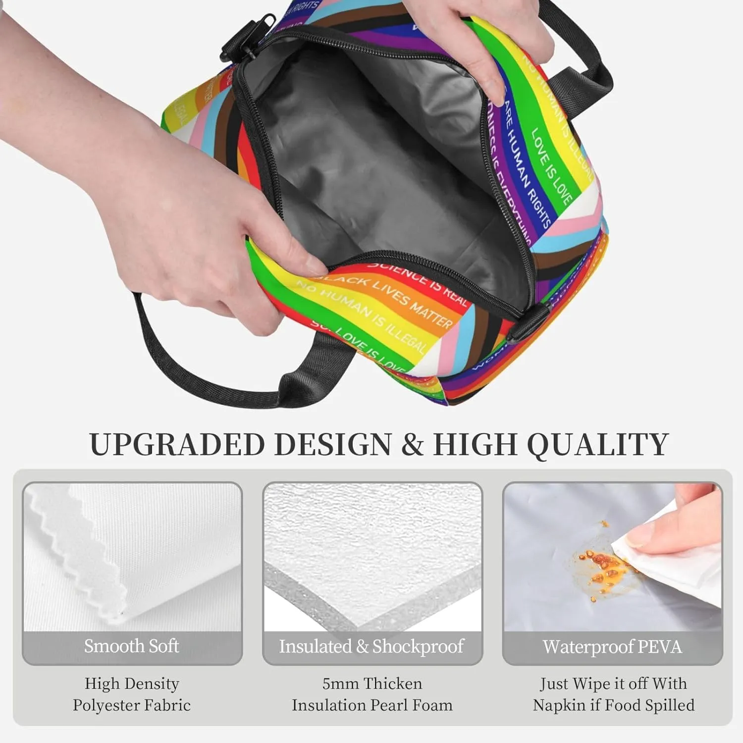Rainbow Progress Pride Flag Kindness Is Everything Reusable Lunch Bag Insulated Lunch Box Lunch Tote Bags Lunchbox Container Cooler Lunch Organizer Strap For Work Picnic Travel