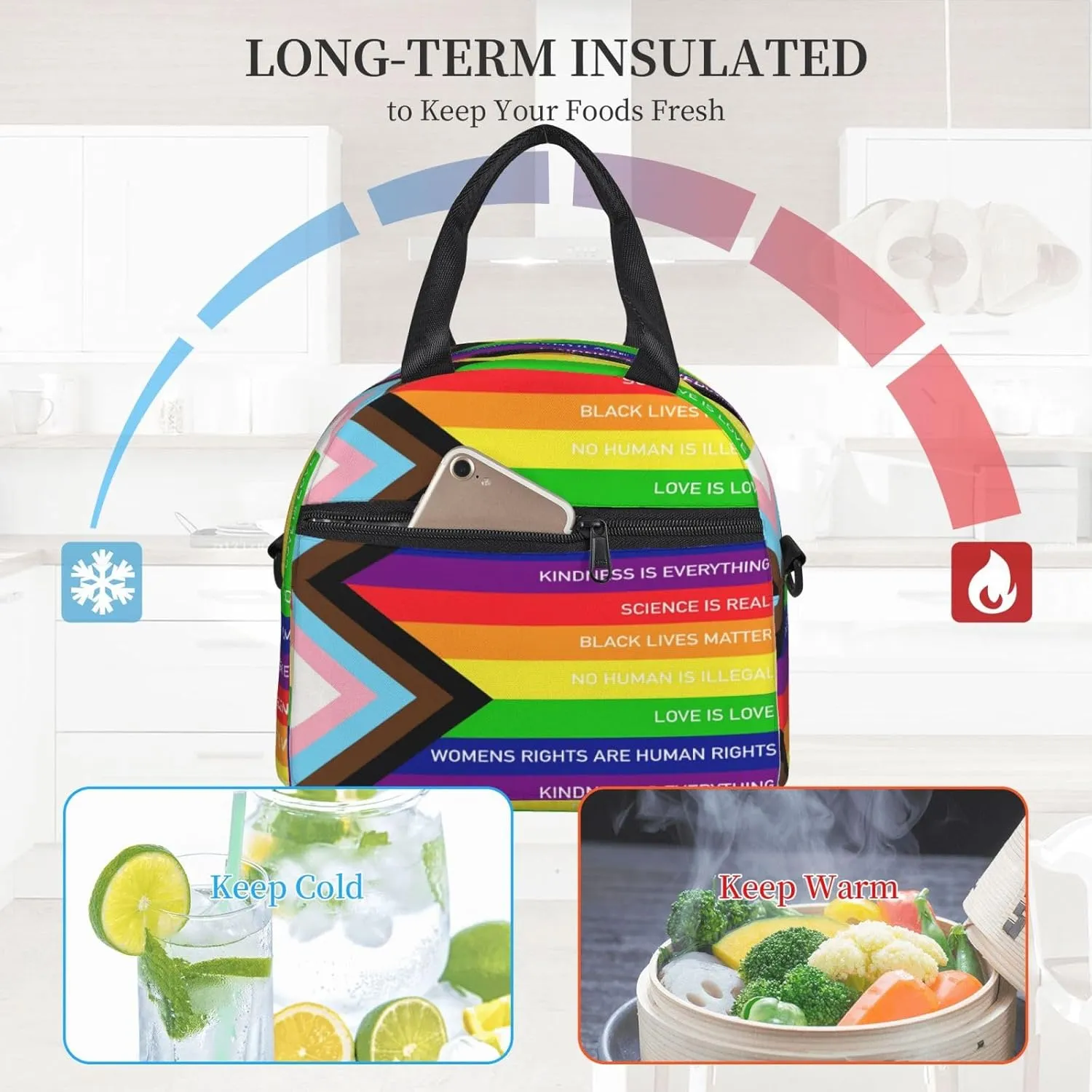 Rainbow Progress Pride Flag Kindness Is Everything Reusable Lunch Bag Insulated Lunch Box Lunch Tote Bags Lunchbox Container Cooler Lunch Organizer Strap For Work Picnic Travel