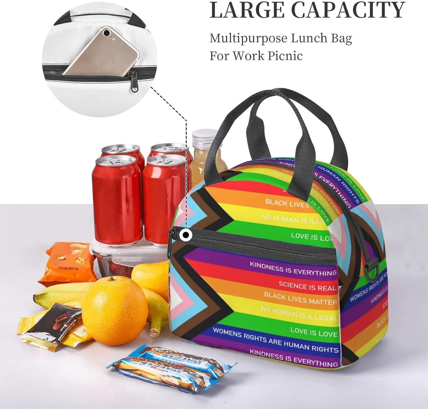 Rainbow Progress Pride Flag Kindness Is Everything Reusable Lunch Bag Insulated Lunch Box Lunch Tote Bags Lunchbox Container Cooler Lunch Organizer Strap For Work Picnic Travel