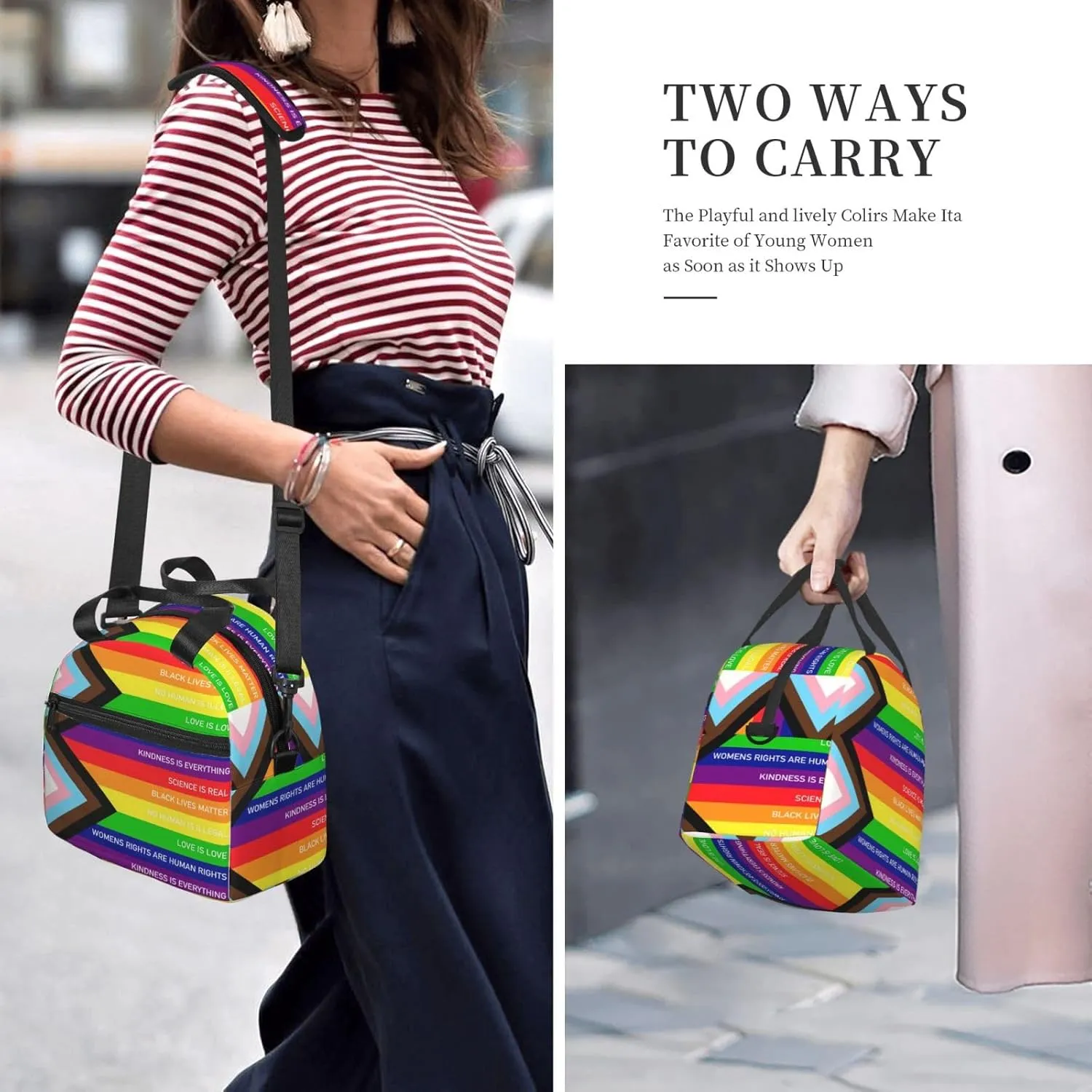 Rainbow Progress Pride Flag Kindness Is Everything Reusable Lunch Bag Insulated Lunch Box Lunch Tote Bags Lunchbox Container Cooler Lunch Organizer Strap For Work Picnic Travel