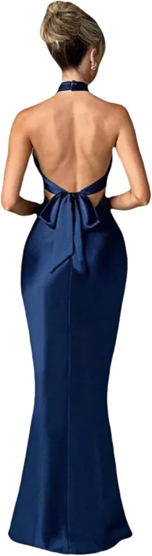 RARITYUS Women’s Elegant Satin Bow Maxi Dress Sexy Halter Backless Bodycon Wedding Guest Dress Flowy Cocktail Dresses