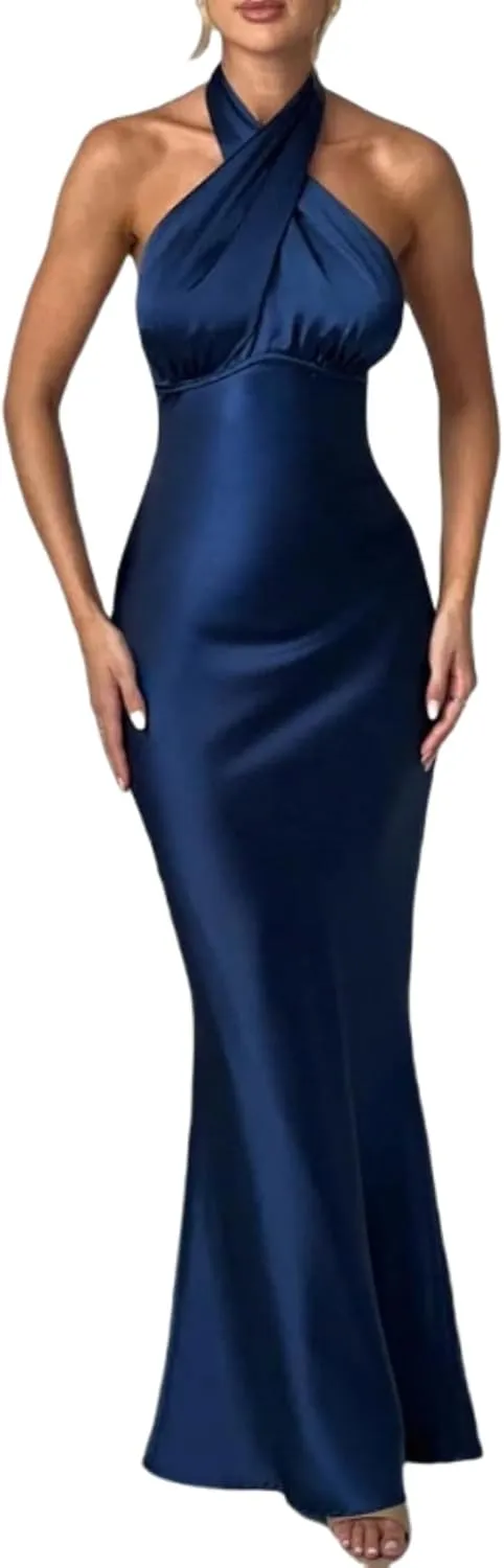 RARITYUS Women’s Elegant Satin Bow Maxi Dress Sexy Halter Backless Bodycon Wedding Guest Dress Flowy Cocktail Dresses