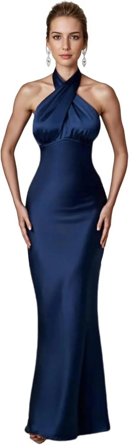 RARITYUS Women’s Elegant Satin Bow Maxi Dress Sexy Halter Backless Bodycon Wedding Guest Dress Flowy Cocktail Dresses