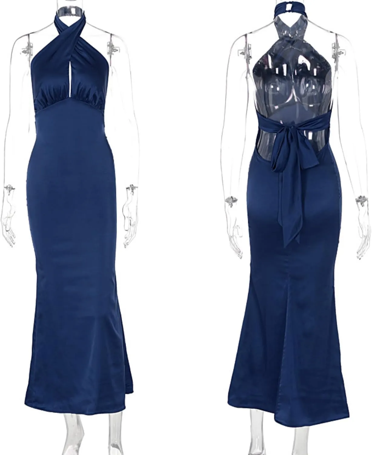 RARITYUS Women’s Elegant Satin Bow Maxi Dress Sexy Halter Backless Bodycon Wedding Guest Dress Flowy Cocktail Dresses