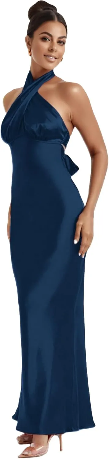 RARITYUS Women’s Elegant Satin Bow Maxi Dress Sexy Halter Backless Bodycon Wedding Guest Dress Flowy Cocktail Dresses