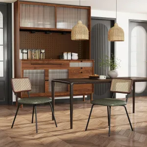 Rattan Dining Chairs Set of 2, Modern Upholstered Leather Kitchen Chairs with Cane Back, Armless Side Chairs with Metal Legs for Dining Room/Living Room, Green
