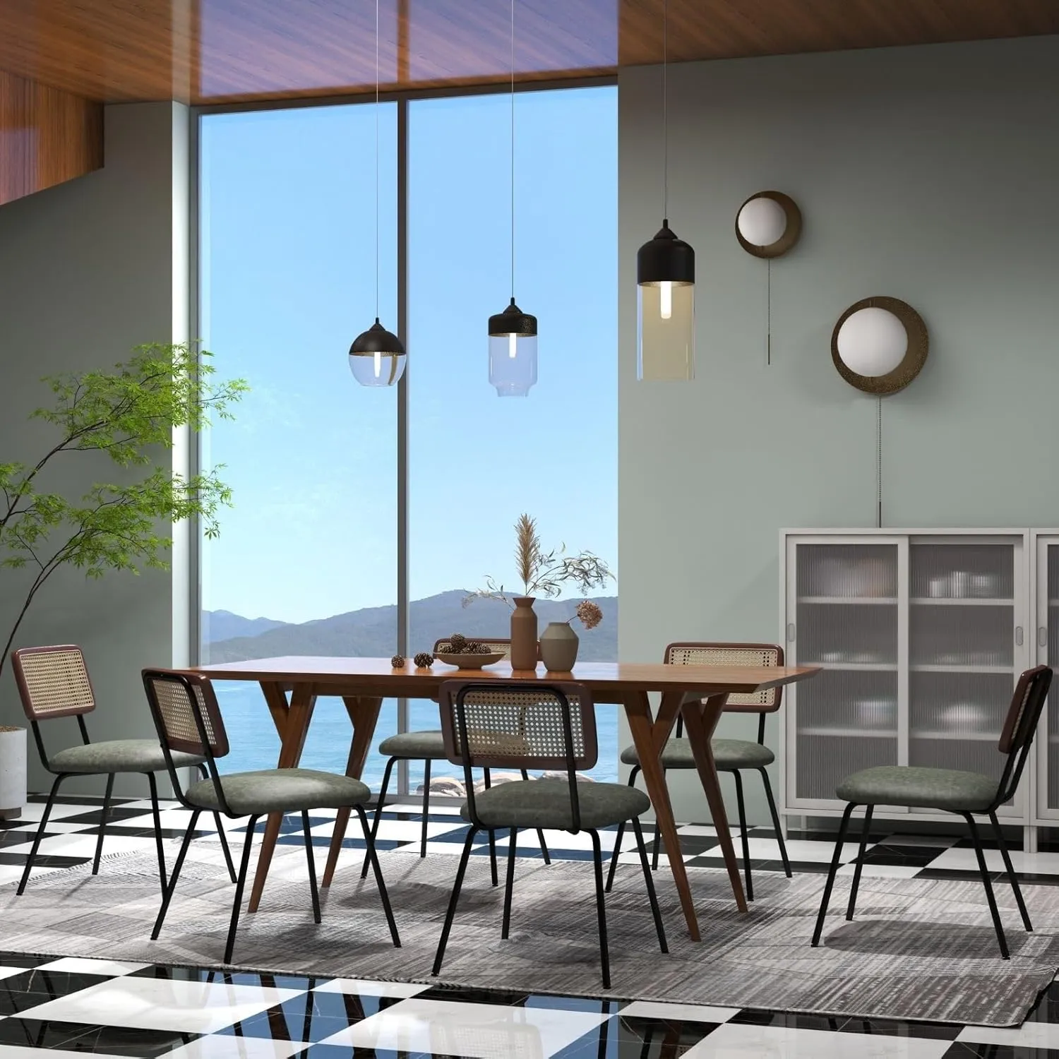 Rattan Dining Chairs Set of 2, Modern Upholstered Leather Kitchen Chairs with Cane Back, Armless Side Chairs with Metal Legs for Dining Room/Living Room, Green