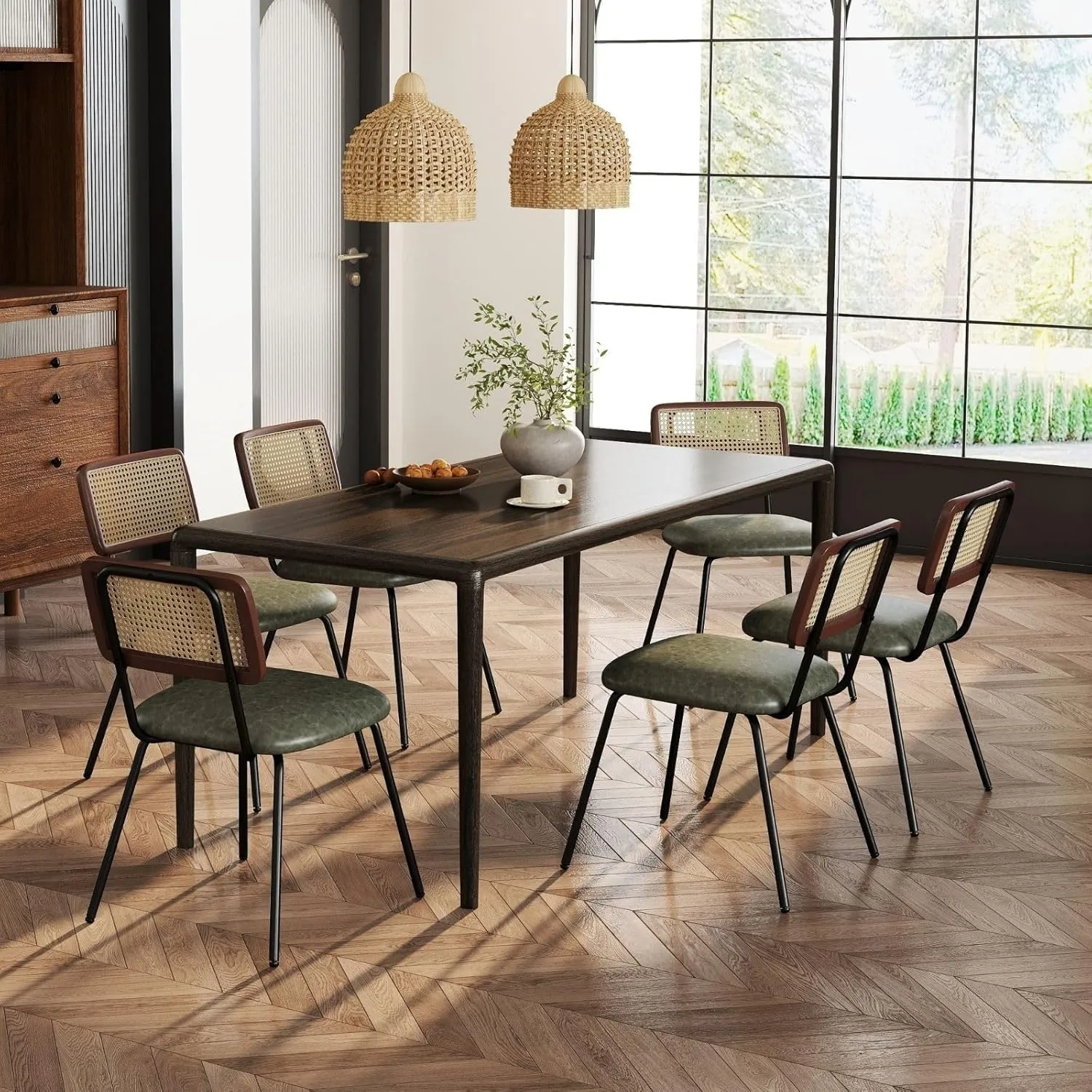 Rattan Dining Chairs Set of 2, Modern Upholstered Leather Kitchen Chairs with Cane Back, Armless Side Chairs with Metal Legs for Dining Room/Living Room, Green