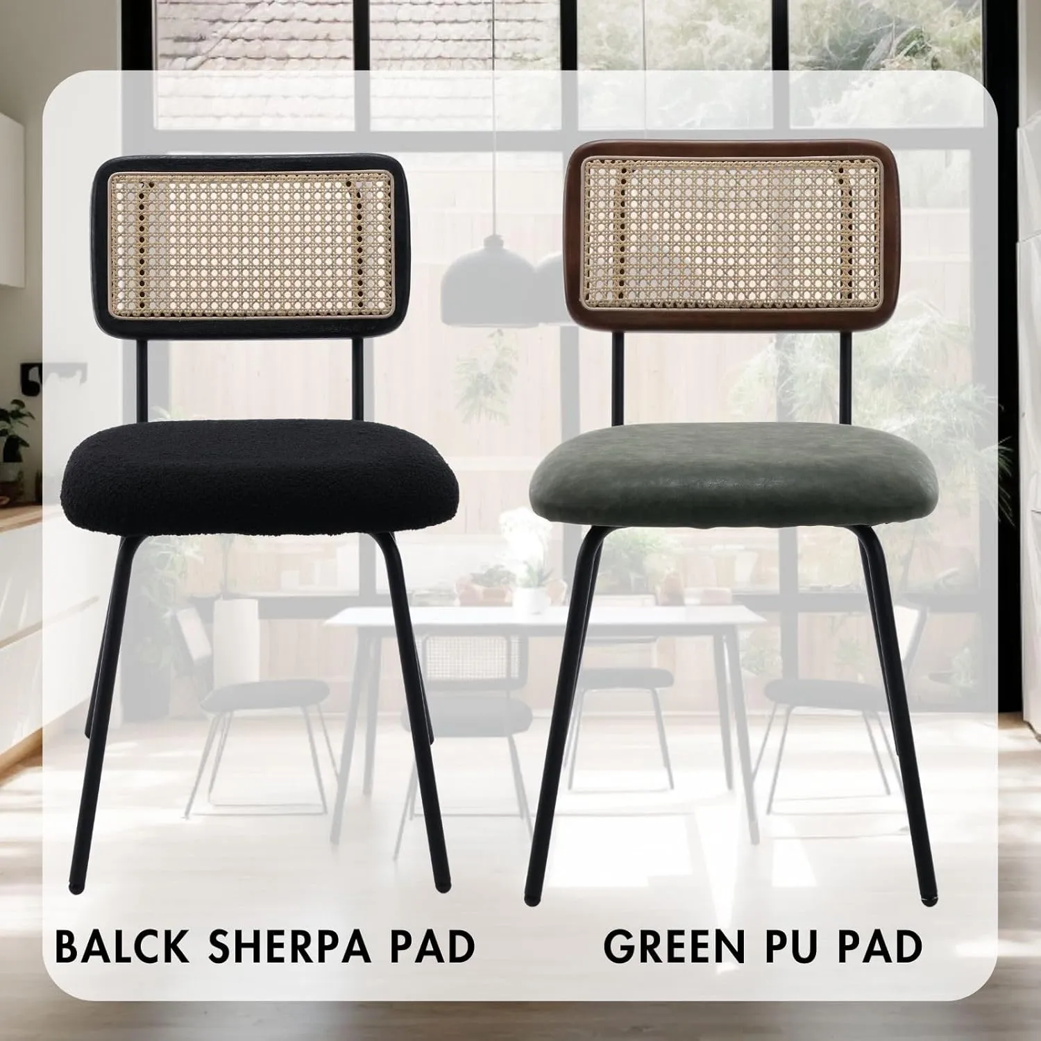 Rattan Dining Chairs Set of 2, Modern Upholstered Leather Kitchen Chairs with Cane Back, Armless Side Chairs with Metal Legs for Dining Room/Living Room, Green