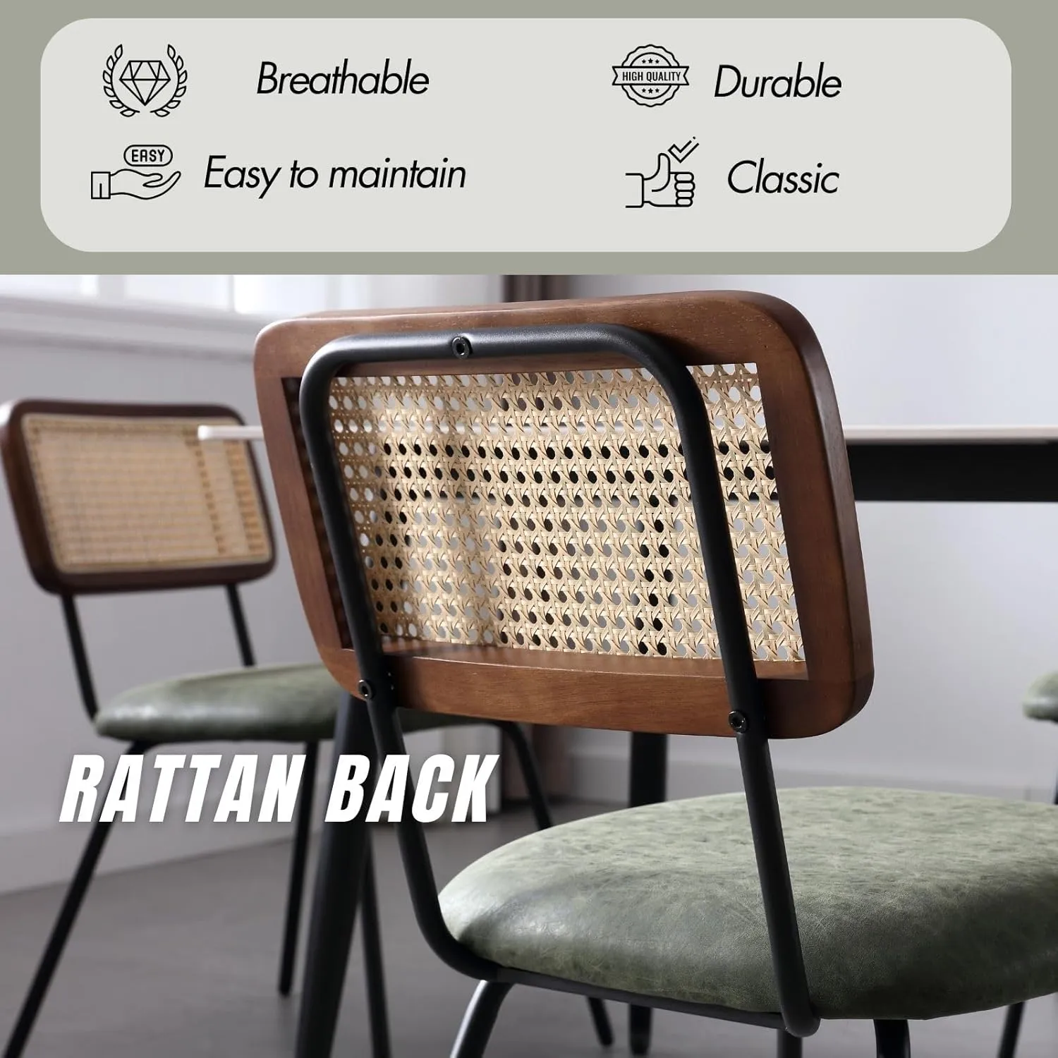 Rattan Dining Chairs Set of 2, Modern Upholstered Leather Kitchen Chairs with Cane Back, Armless Side Chairs with Metal Legs for Dining Room/Living Room, Green