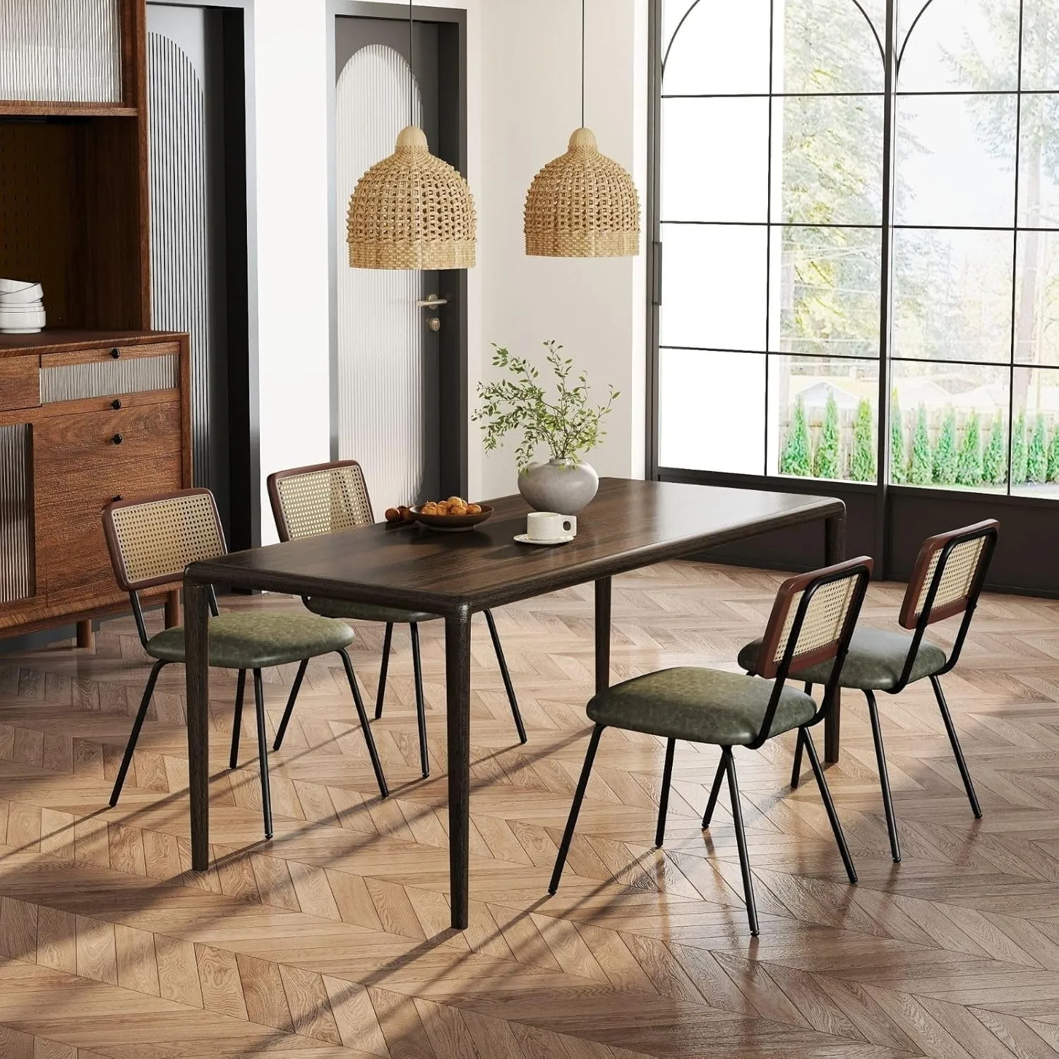 Rattan Dining Chairs Set of 2, Modern Upholstered Leather Kitchen Chairs with Cane Back, Armless Side Chairs with Metal Legs for Dining Room/Living Room, Green