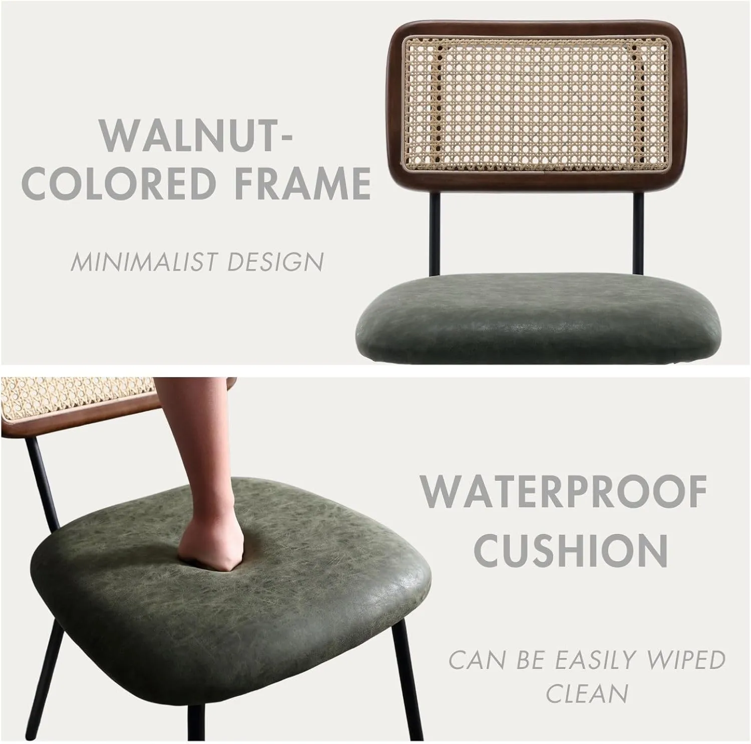 Rattan Dining Chairs Set of 2, Modern Upholstered Leather Kitchen Chairs with Cane Back, Armless Side Chairs with Metal Legs for Dining Room/Living Room, Green