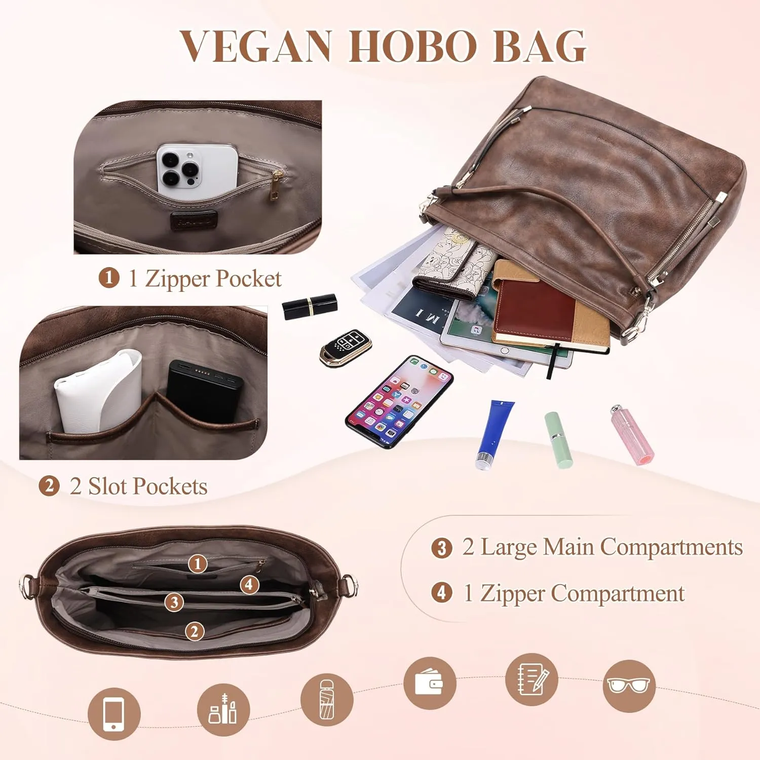 RAVUO Hobo Bag Fashion Women Handbags and Wallet Set Ladies Chic Crossbody Shoulder Purse W Gutair Strap