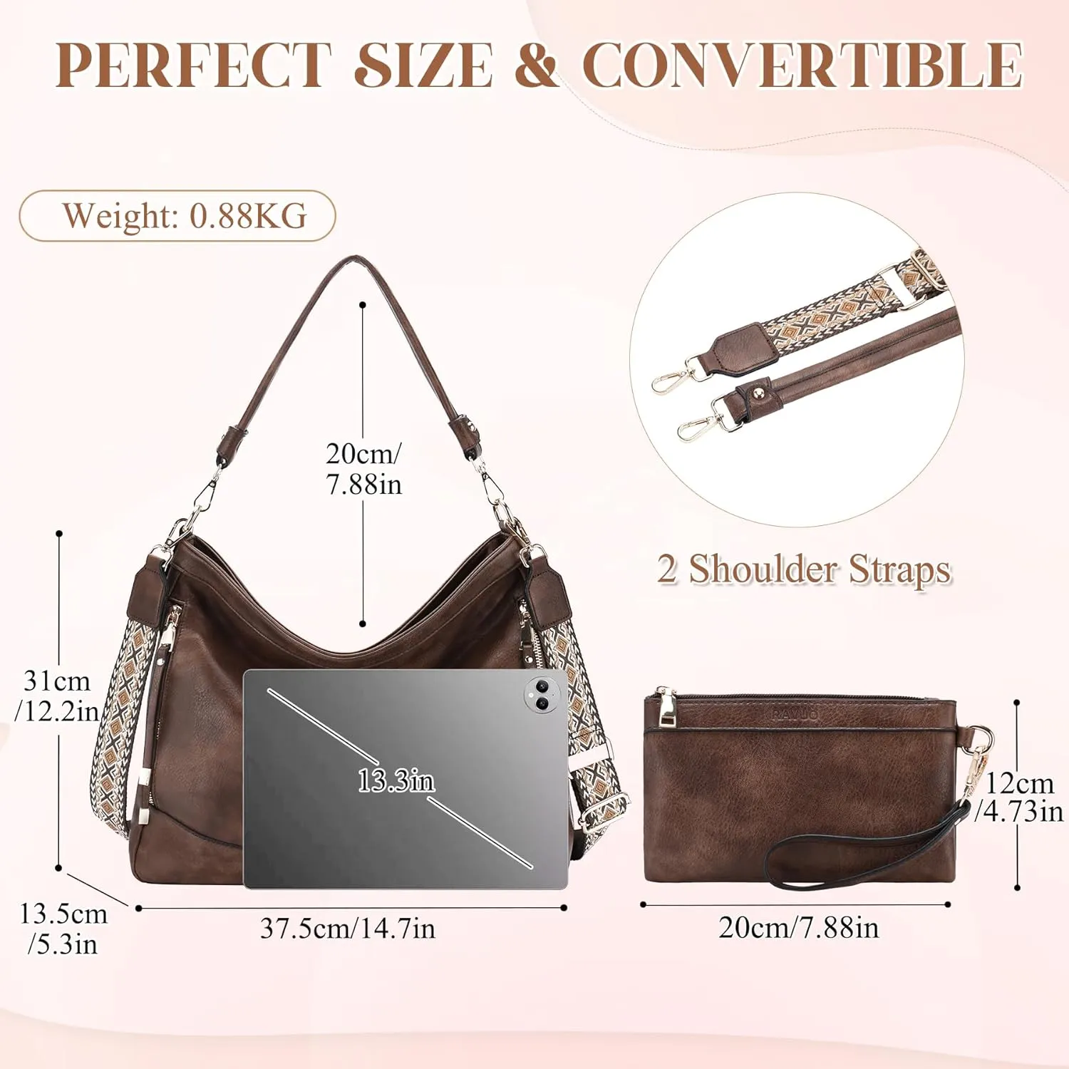 RAVUO Hobo Bag Fashion Women Handbags and Wallet Set Ladies Chic Crossbody Shoulder Purse W Gutair Strap