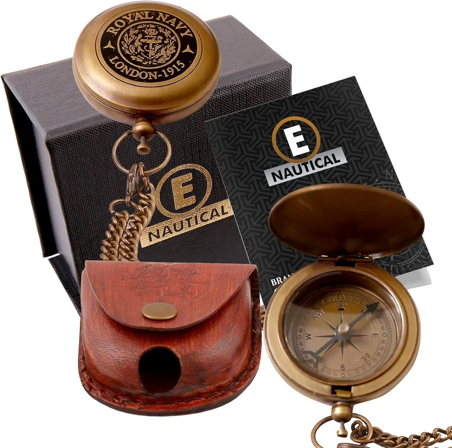 Raw Brass Compass with Inspirational Quote, Chain, and Leather Case for Adventurers and Travelers