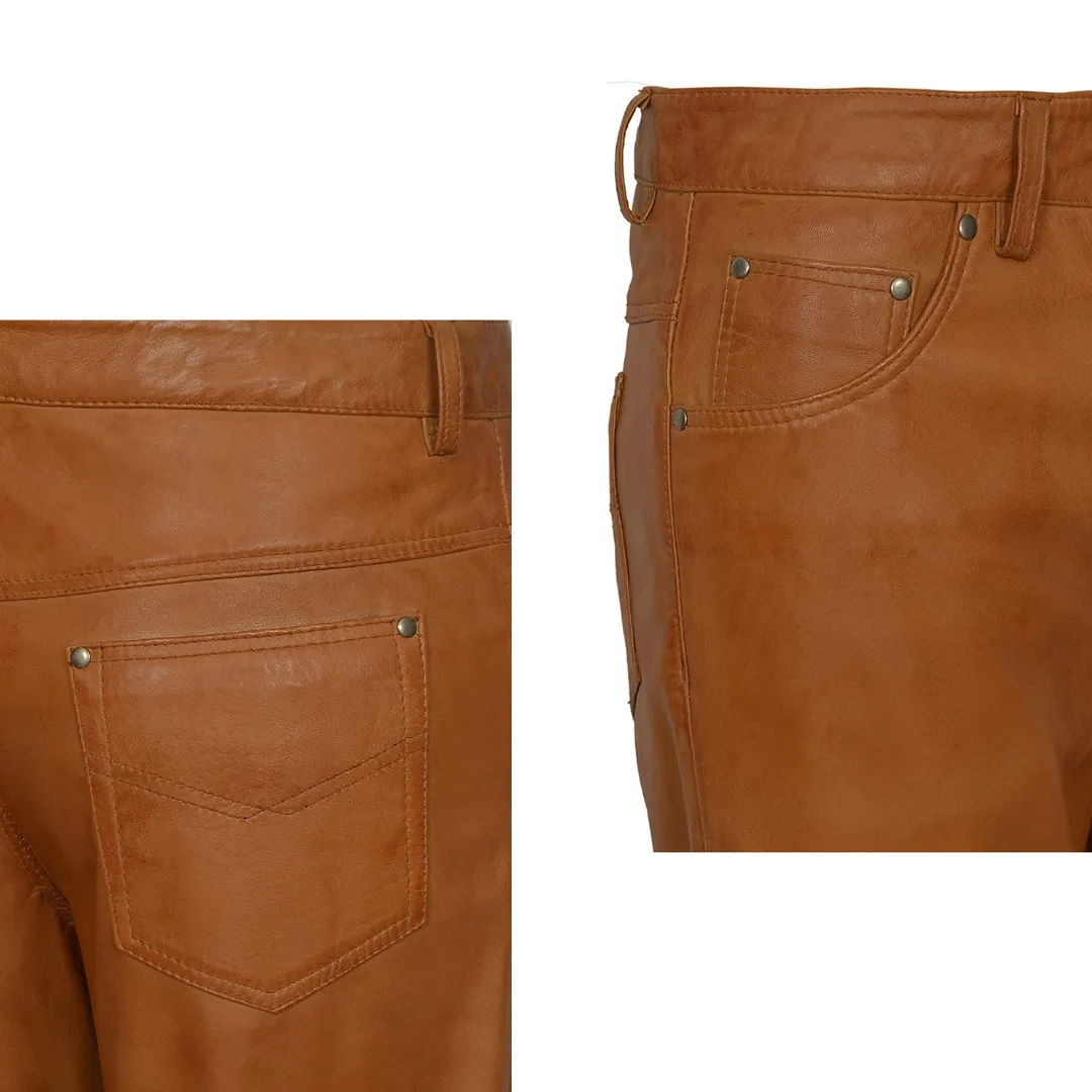 Real Leather Trouser - Tan Napa Biker Jeans Style