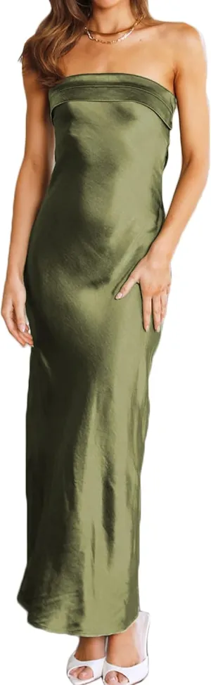 Realtix Satin Silk Backless Tube Tops Maxi Dress for Women Low Back Hollow Out Elegant Strapless Long Dresses Wedding Guest
