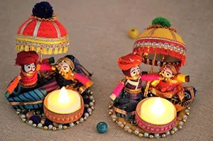 Recycled Material Rajasthani Raja Rani Puppet/Dolls Decorative Tealight Candle Holder (Pack of 2)
