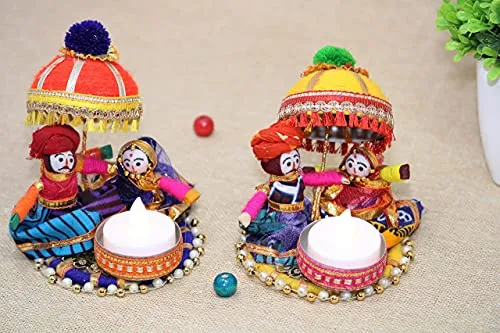 Recycled Material Rajasthani Raja Rani Puppet/Dolls Decorative Tealight Candle Holder (Pack of 2)