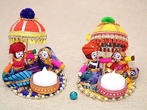 Recycled Material Rajasthani Raja Rani Puppet/Dolls Decorative Tealight Candle Holder (Pack of 2)