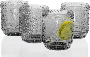 Red Co. Vintage Botanist Drinking Glass Set, Luxurious Floral Embossed Decorative Grеy Glassware, Set of 4, 4-inch, 12 oz