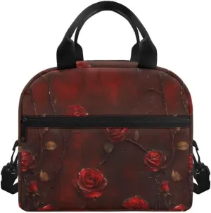 Red Rose Lunch Bag for Women Leakproof Lunch Cooler Handbag, Vintage Gothic Bloody Rose Insulated Lunch Box for Work, Carving Flower Reusable Lunch Tote with Side Pocket