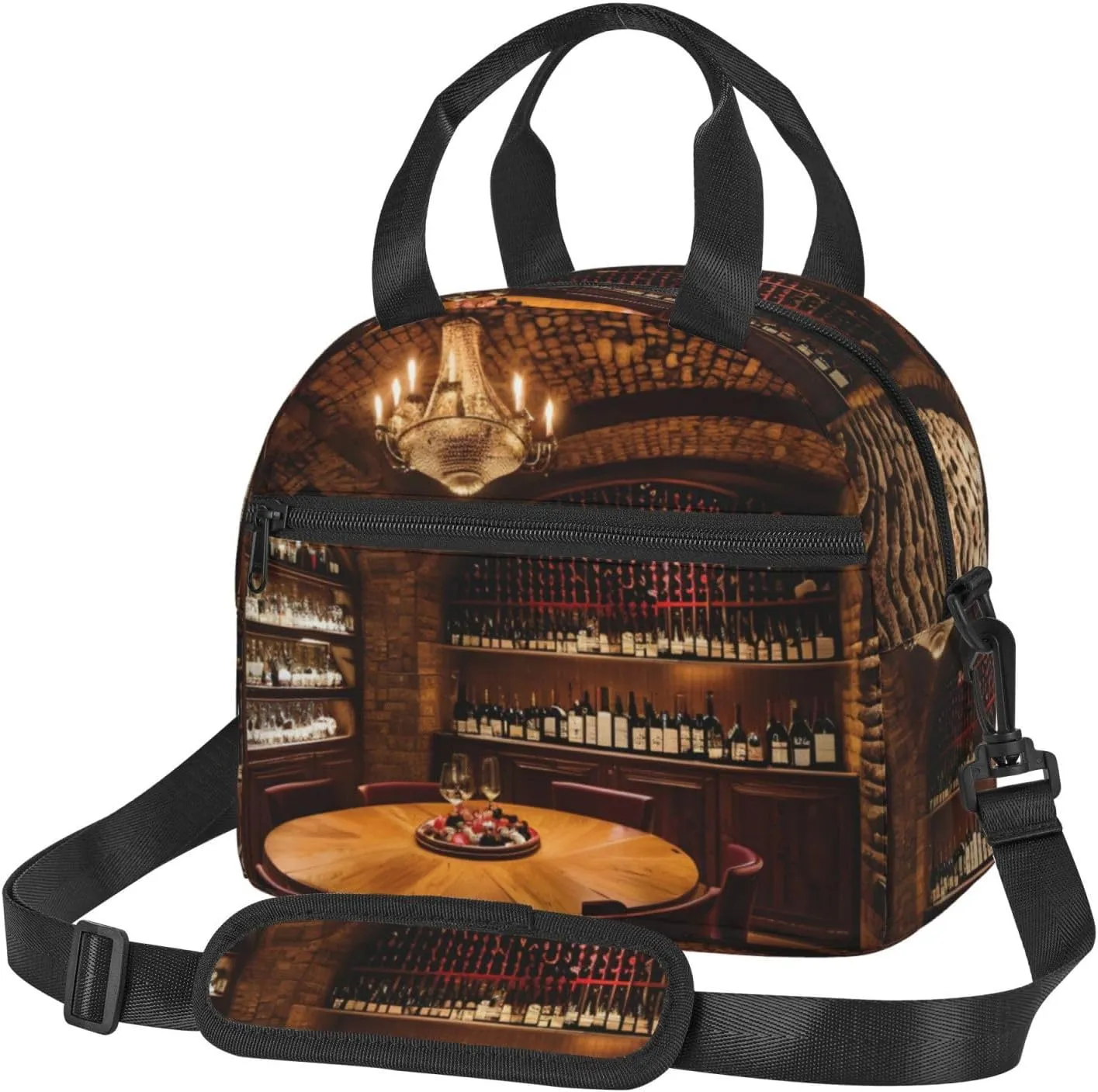 Red Wine Cellar picture Insulated Lunch Bag Box - Versatile Leakproof Cooler Tote, Comes with Adjustable Shoulder Strap