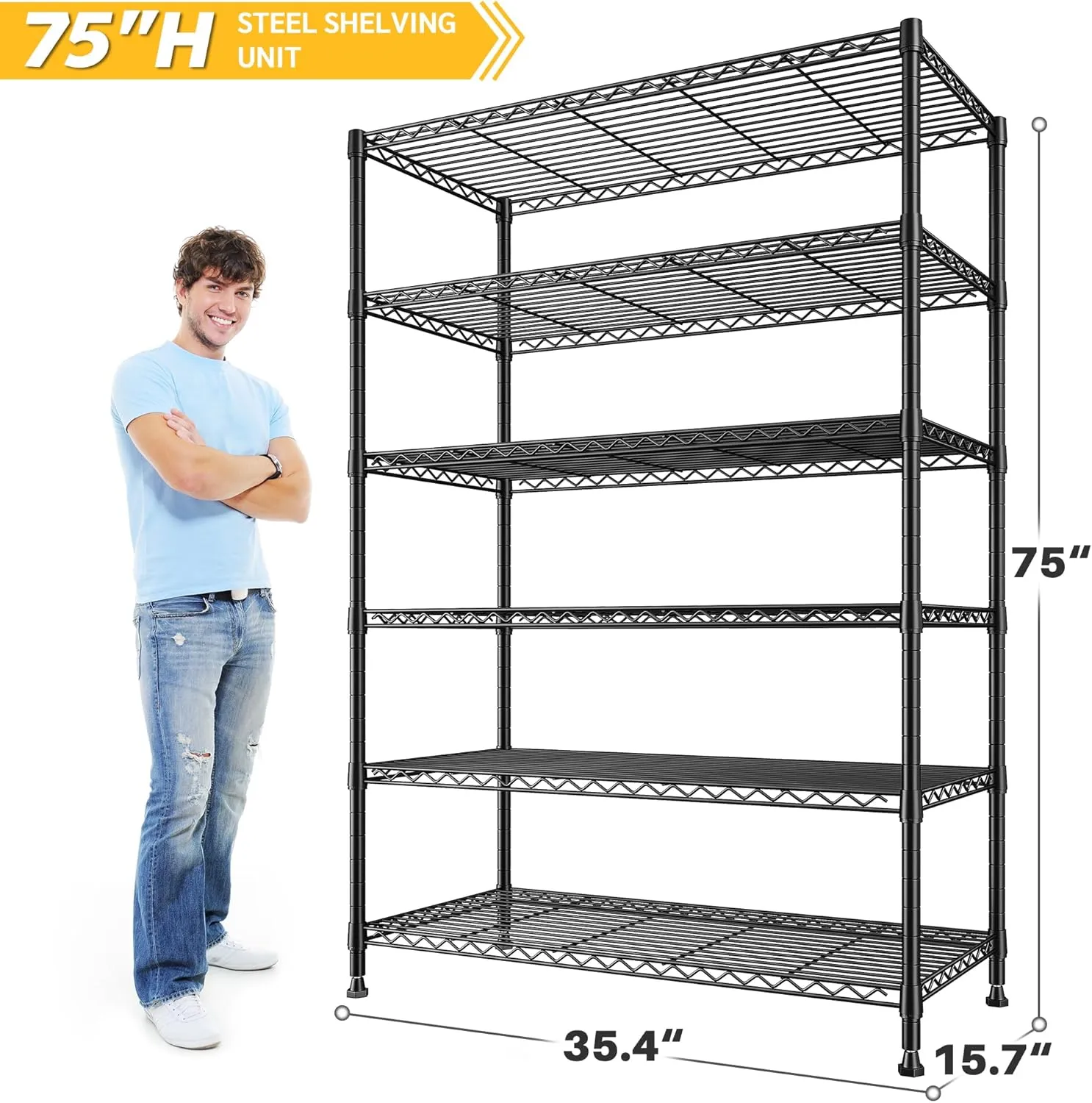 REIBII 75''H Storage Shelves Metal Shelving Unit, 6 Tier Wire Shelving for Pantry Shelves Adjustable 1200LBS Garage Shelving Heavy Duty Storage Rack for Kitchen Garage, 35.4''W*75''H*15.7" D