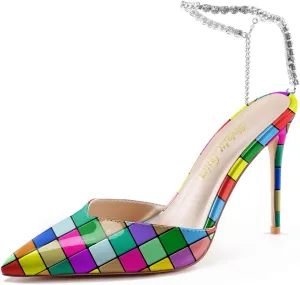 Reindee Lusion Womens Strappy High Stiletto Pearl Heels Rinestone Jewel Printed Closed Toe Sexy Ankle Strap Sandals Pumps Shoes