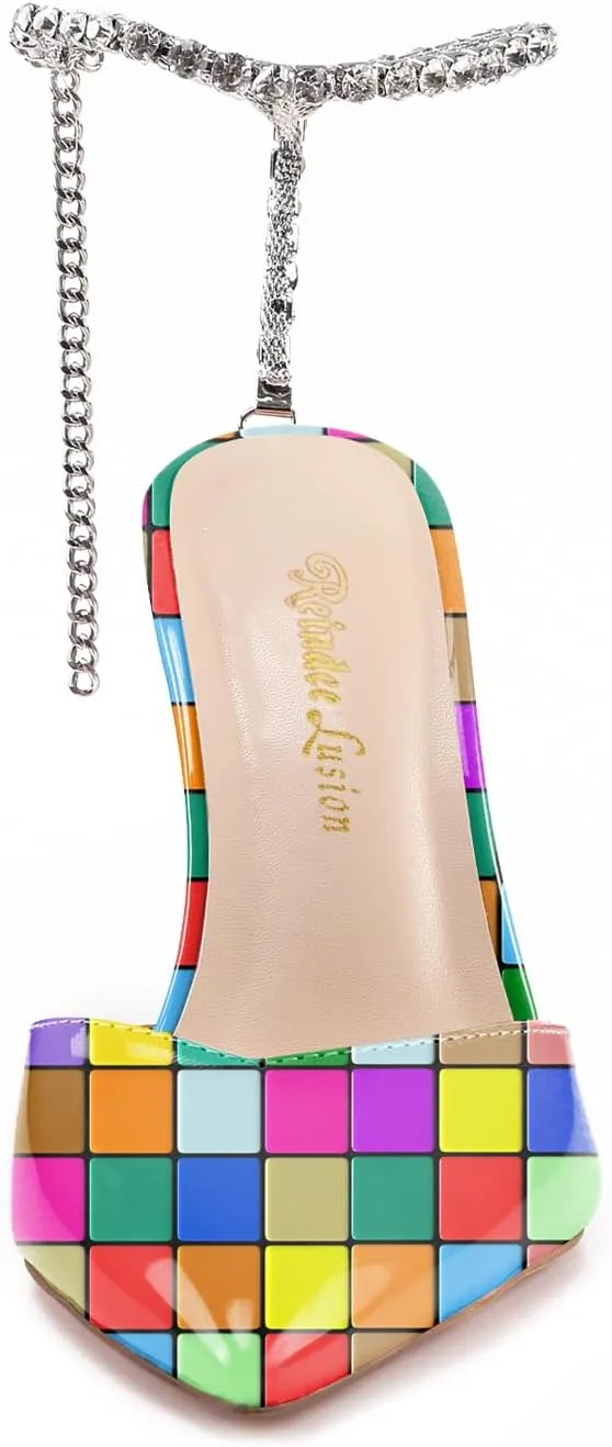 Reindee Lusion Womens Strappy High Stiletto Pearl Heels Rinestone Jewel Printed Closed Toe Sexy Ankle Strap Sandals Pumps Shoes